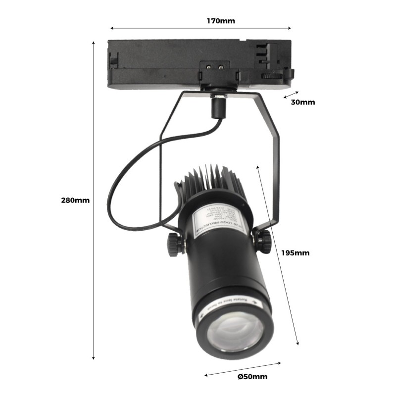 3-phase track GOBO LED Projector - 20W - Optics 20° - IP20