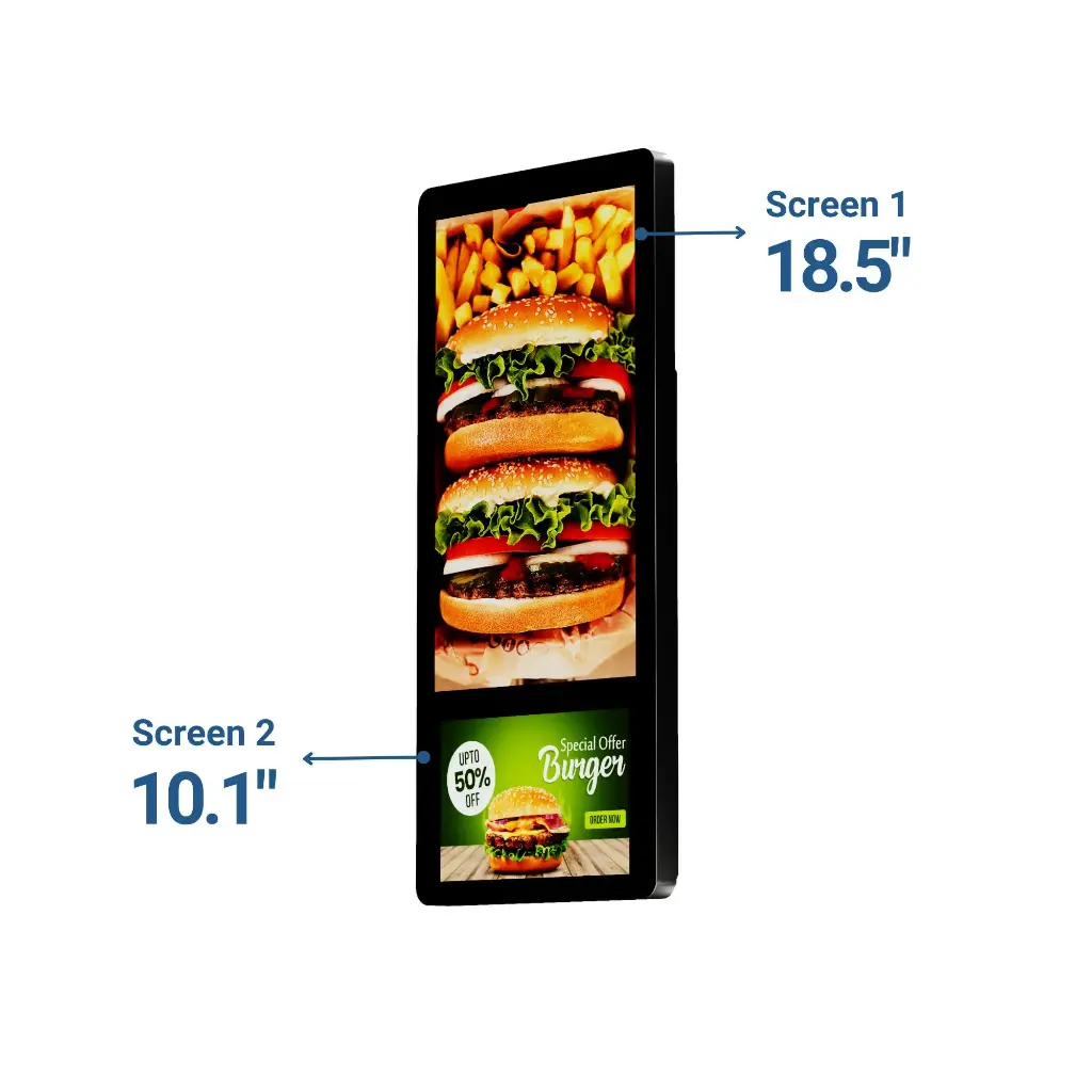 Advertising display for wall Dual 18.5" + 10.1" Full HD LCD screen Android